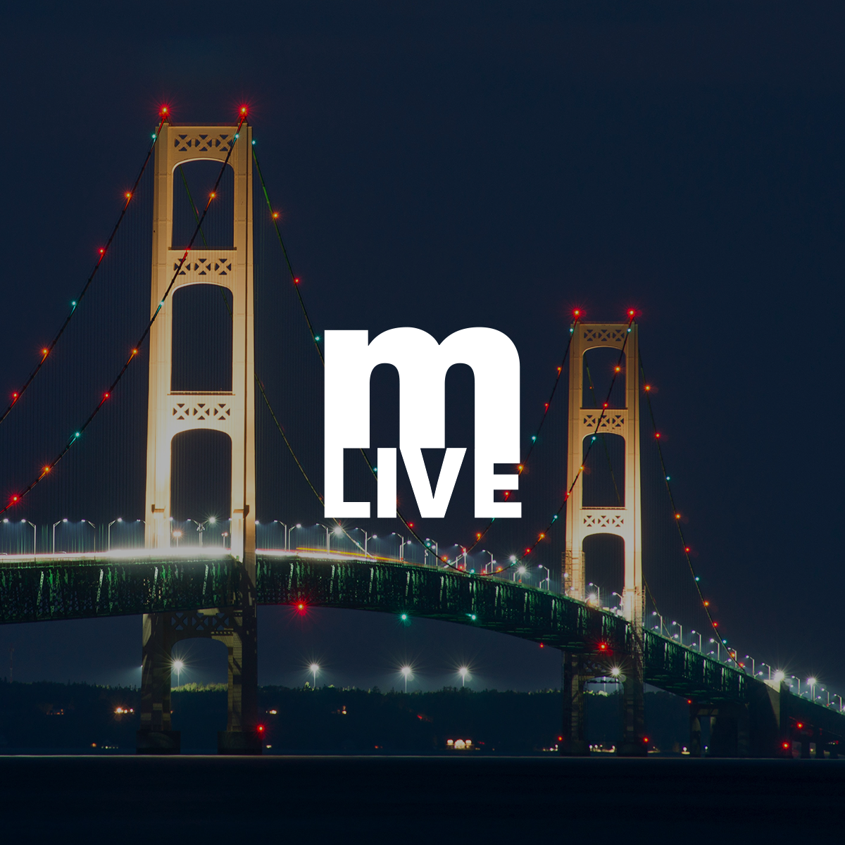 the Mackinac bridge lit up at night